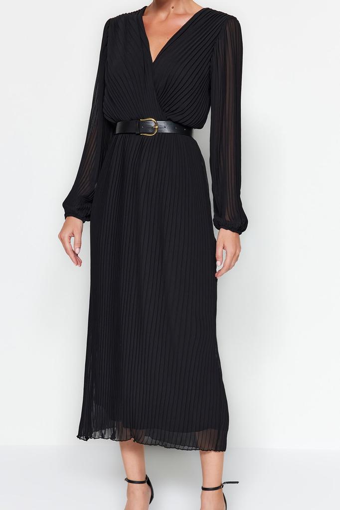 Женское стильное платье Черное шифоновое тканое платье трапециевидной формы с поясом и плиссировкой макси