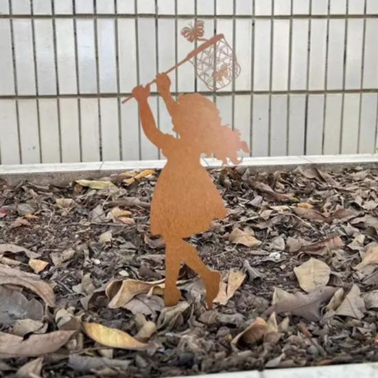 1 Pair Silhouette Art Model Little Boy Girl Shape Character Silhouette Art Ornament Garden Decor Stakes Sculpture Lawn Yard Decoration