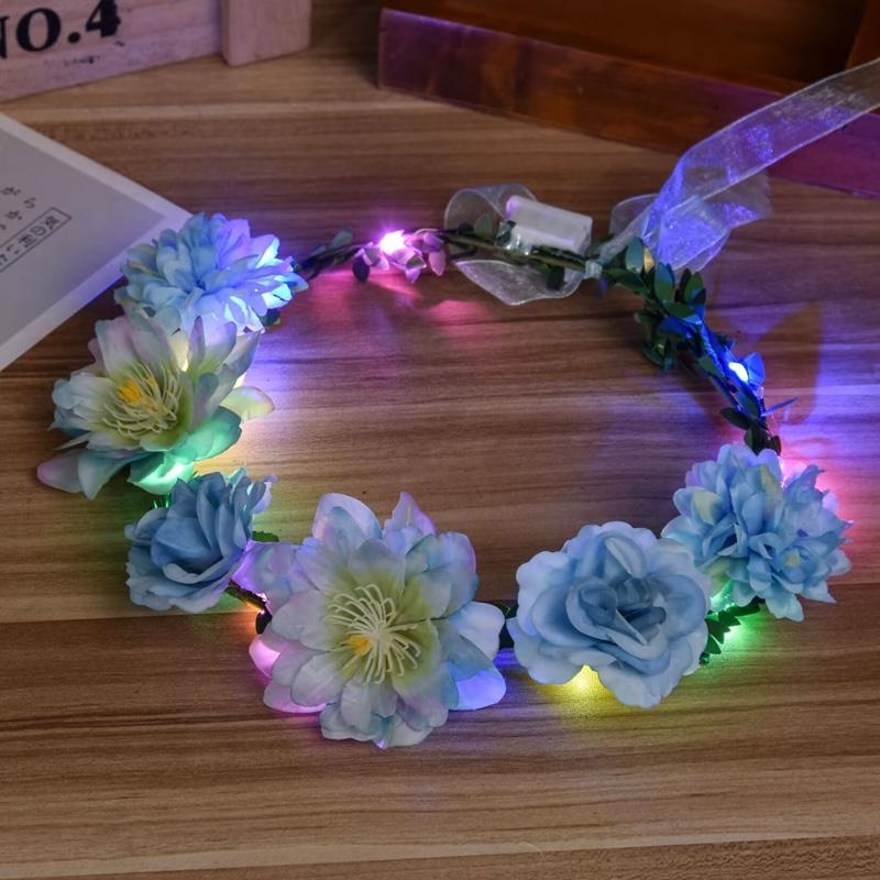 1PC Flower Headband Led Lights Hair Hoop Double-Sided Silk Floral Crown for Women Hair Headband Glowing Garland Light Up