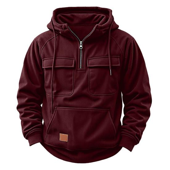 Men Hoodie Zipper Half Placket Hooded Drawstring Long Sleeve Sport Tops with Pockets Solid Color Multi-Pocket Design Warm Sweatshirt