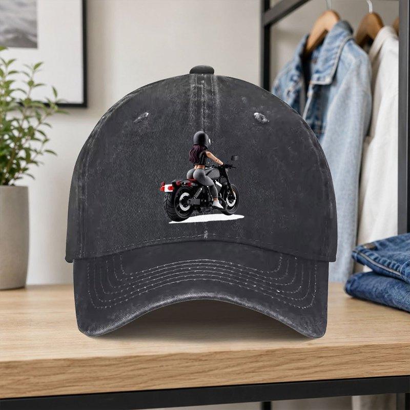 Retro Biker Girl Print Washed Baseball Cap Unisex Adjustable Dad Hat for Outdoor Daily Wear Parties Vacations