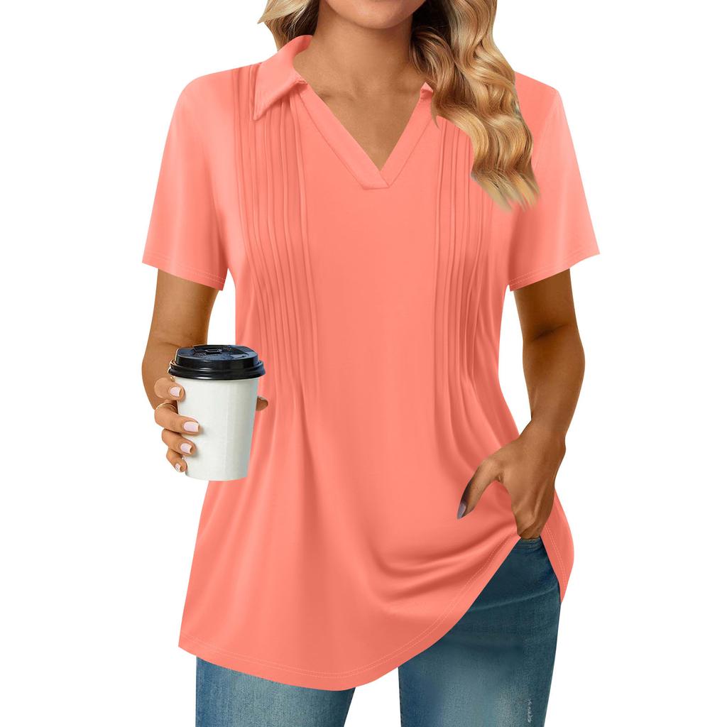 Женские футболки с коротким рукавом, плиссированные, с V-образным вырезом, однотонные, с воротником, летние топы, модные, деловые, повседневные, для работы