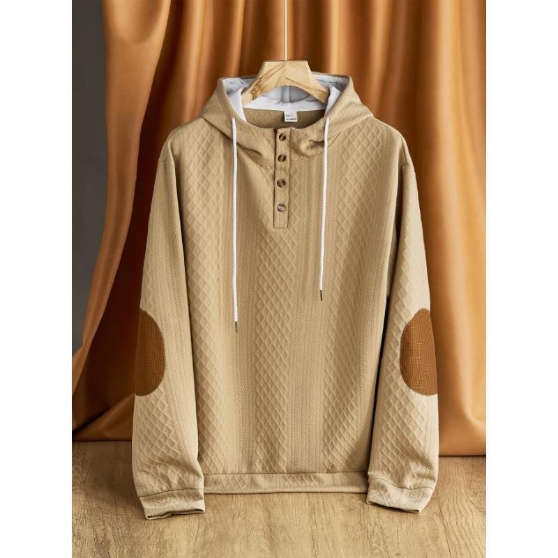 Men S Casual Pullover Hooded Solid Color Jacquard Thick Sweatshirt