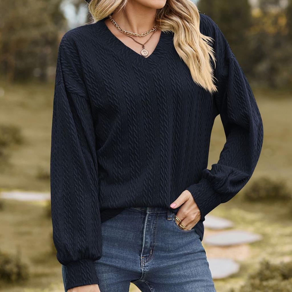 BITCED Осенне-зимняя однотонная свободная повседневная футболка с V-образным вырезом и длинными рукавами для женщин