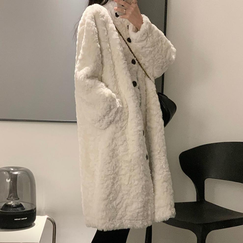 Пальто из овечьей шерсти, женское длинное пальто длиной до колена, теплое пальто, искусственный мех кролика, кожа, толстый и свободный воротник-стойка, зимнее хлопковое пальто