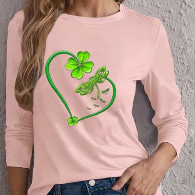 Топы для женщин с принтом «Clover Love» и круглым вырезом, футболка с длинным рукавом, осенний повседневный тонкий пуловер, женский топ с длинным рукавом