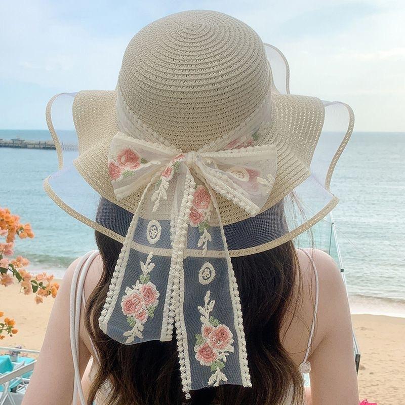 Women's Spring Summer Streamer Bow Decor Straw Hat, Outdoor Large Brim Beach Hat Foldable Sun Hat, Sun ProtectionTravel Cap Foldable Waterproof Hat