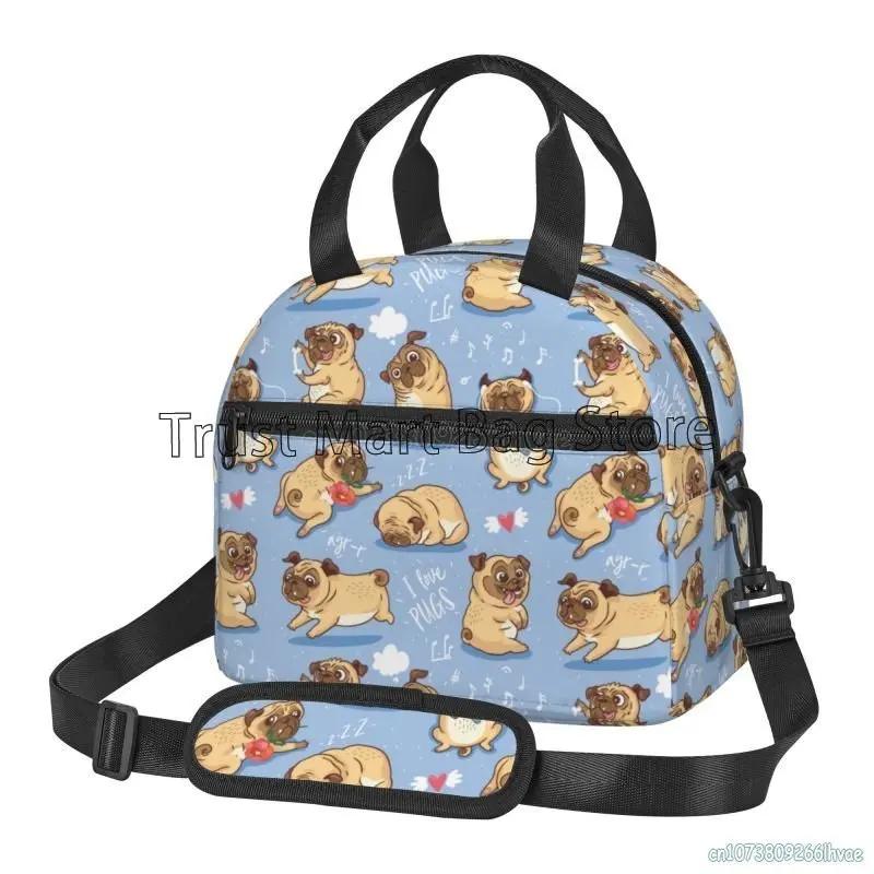 Cute Pug Dog Insulated Lunch Bag for Women Kids Thermal Lunch Box Portable Cooler Tote Bags for School Work Picnic Beach Travel