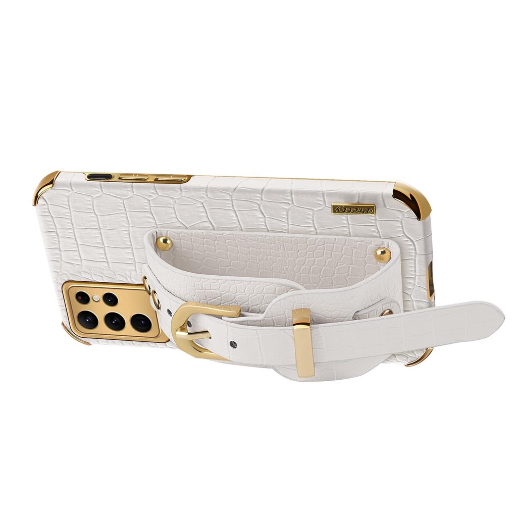 For Samsung Galaxy S24 Ultra Cell Phone Case Electroplating Leather+TPU Cover with Wristband