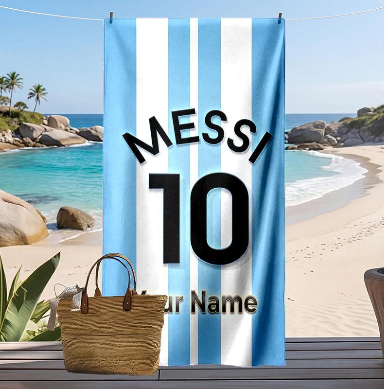 Lionel Messi Personalized Printed Beach Towel Soccer Logo Support Custom Name Text Absorbent Towel For Sport Travel Special Gift