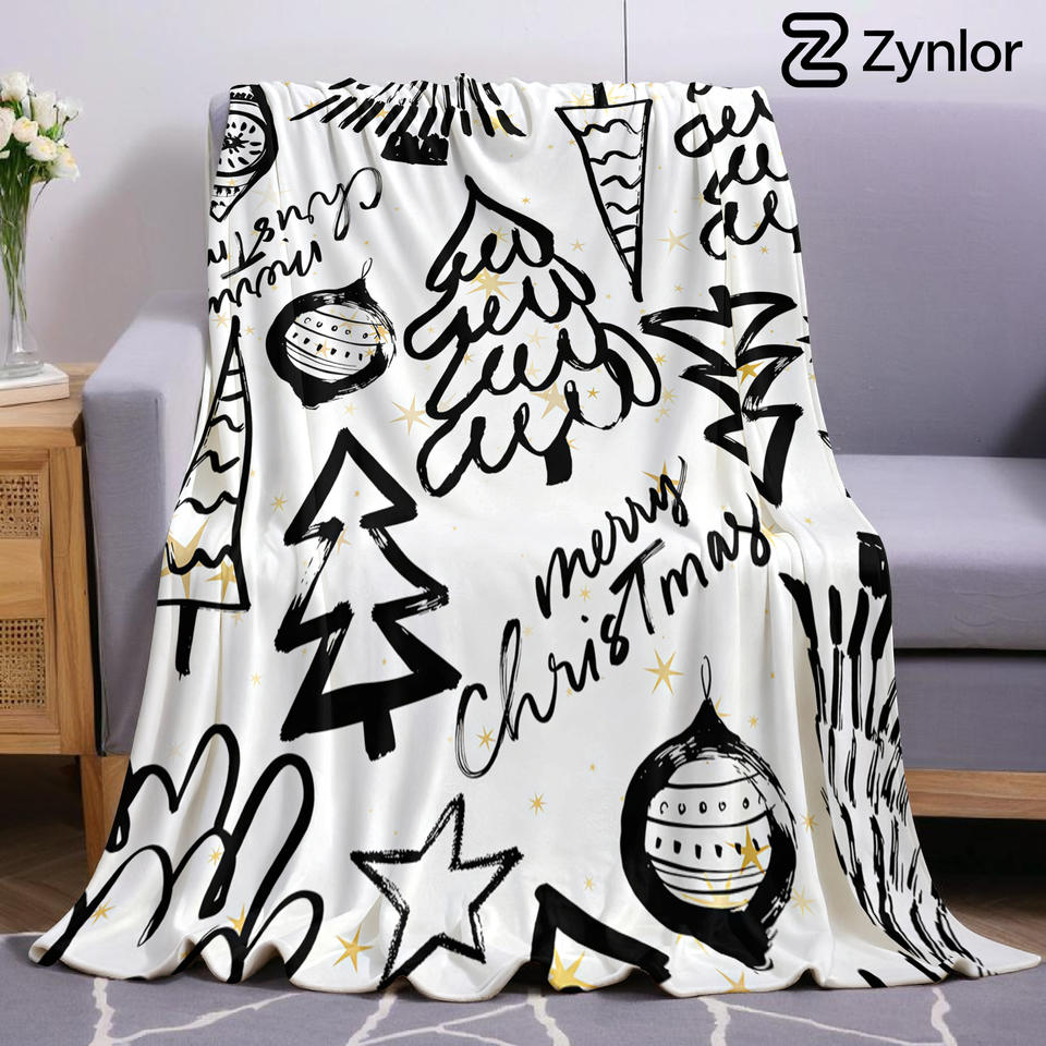 Black Ink Christmas Tree Sketch Lightweight Microfiber Soft Christmas Fleece Blanket Warm Cozy Throw for Bed Sofa All Season