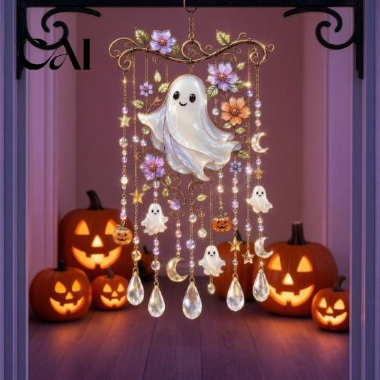 Spooky Window Suncatcher Halloween Wind Chime, Colorful Bird Sun Catcher, Cute Seasonal Party Hanging Decor Ghost Windchime, Decoration for