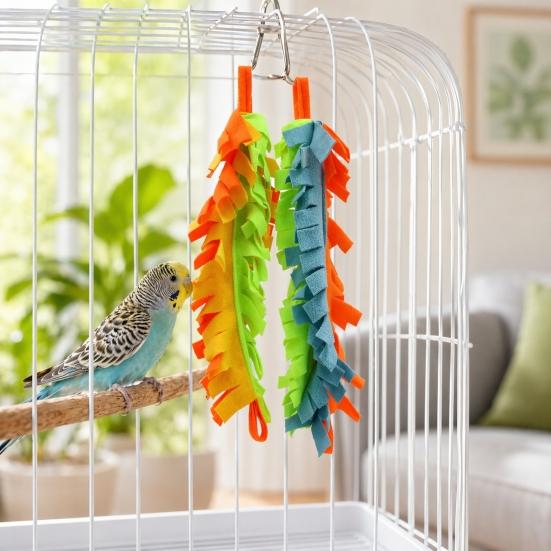 2 Pcs Parrot Chewing Toy with Metal Hanging Ring Colorful Felt Strips Small Animal