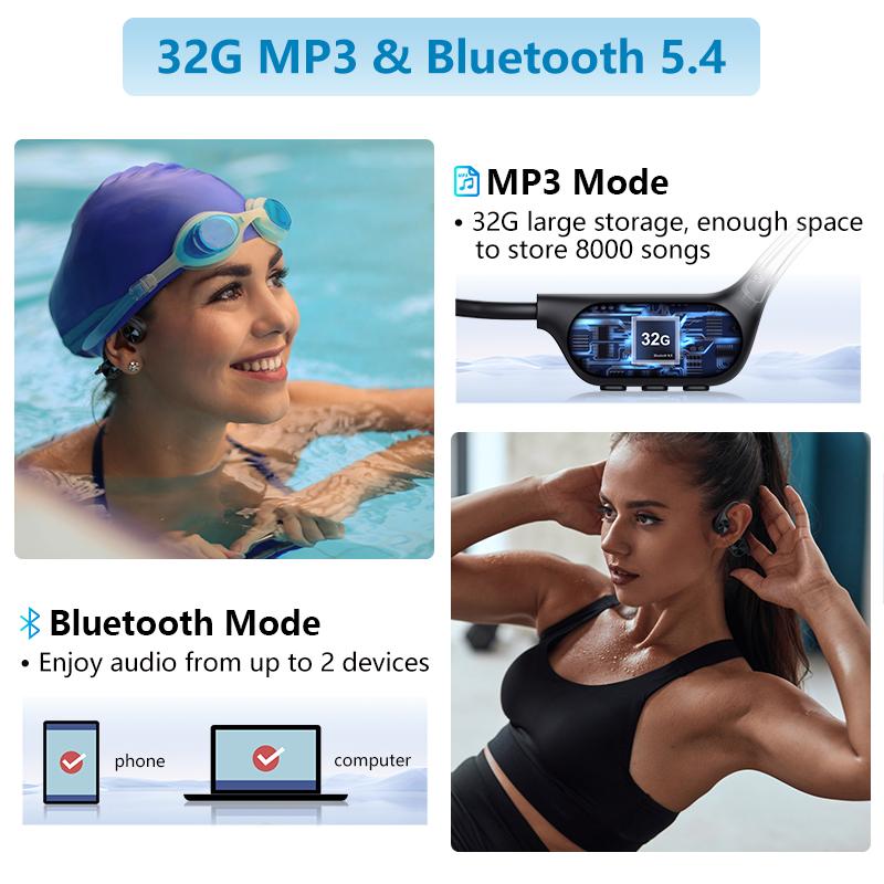 Оригинальные беспроводные наушники с костной проводимостью Bluetooth 5.4 32 ГБ MP3-плеер IPX8 водонепроницаемые плавательные спортивные HIFI музыкальные гарнитуры