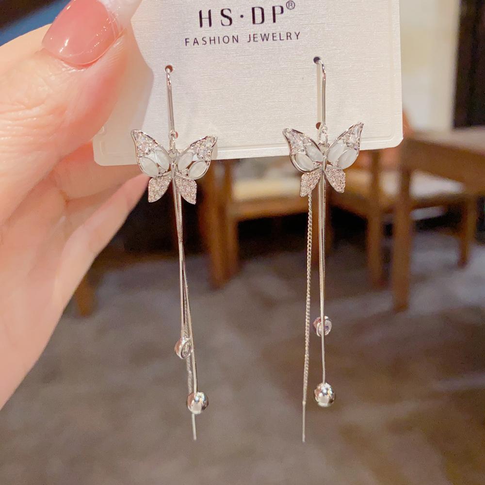 Women Fashion Micro Inlaid Zircon Butterfly Long Tassel Drop Earrings