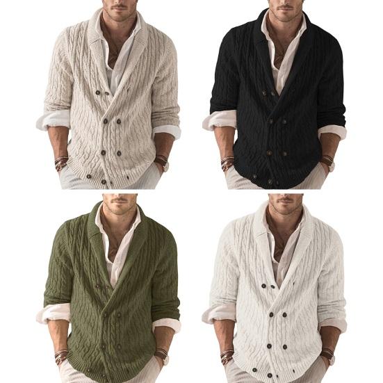 Осень-зима мужской свитер двубортный с пуговицами и лацканами, длинные рукава, скрученная текстура, однотонный, плотный, эластичный, трикотажный