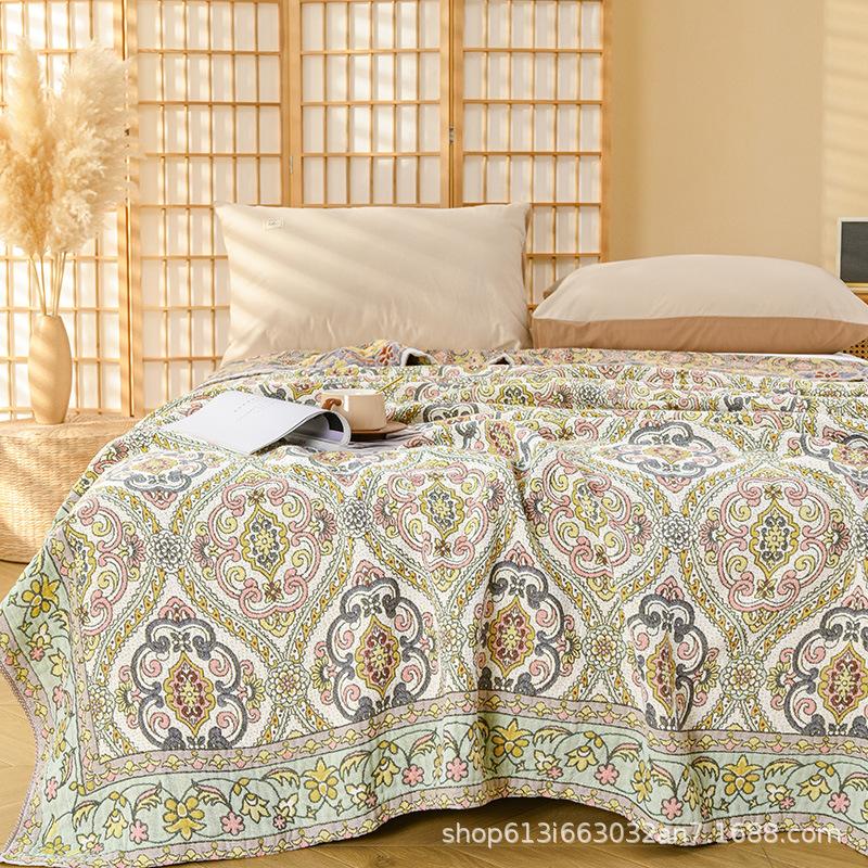 Four-layer Gauze Towel Quilt, 100% Cotton, Floral Bed Sheet, Golden Pastoral, Adult