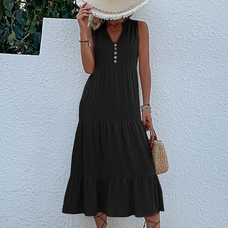 YYFS Женская мода лето весна однотонный принт без рукавов с v-образным вырезом повседневные платья