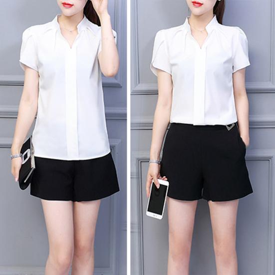 Летняя шифоновая рубашка с v-образным вырезом и лепестками, короткий однотонный пуловер с рукавами, топы с воротником-стойкой, тонкая женская блузка