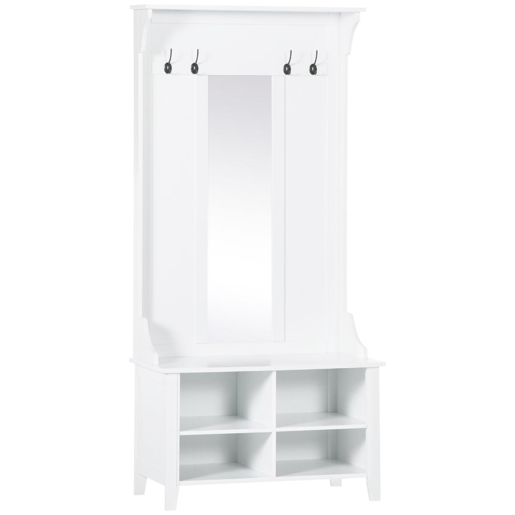 Freestanding Coat Rack with Mirror, Shoe Rack and 4 Hooks, Wood, 80x40x170cm, White