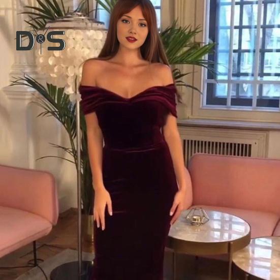Sumer Evening Dress Off Shoulder Strapless Velvet Skinny Sheath Solid Color Sleeveless Backless Cocktail Party Prom Midi Dress