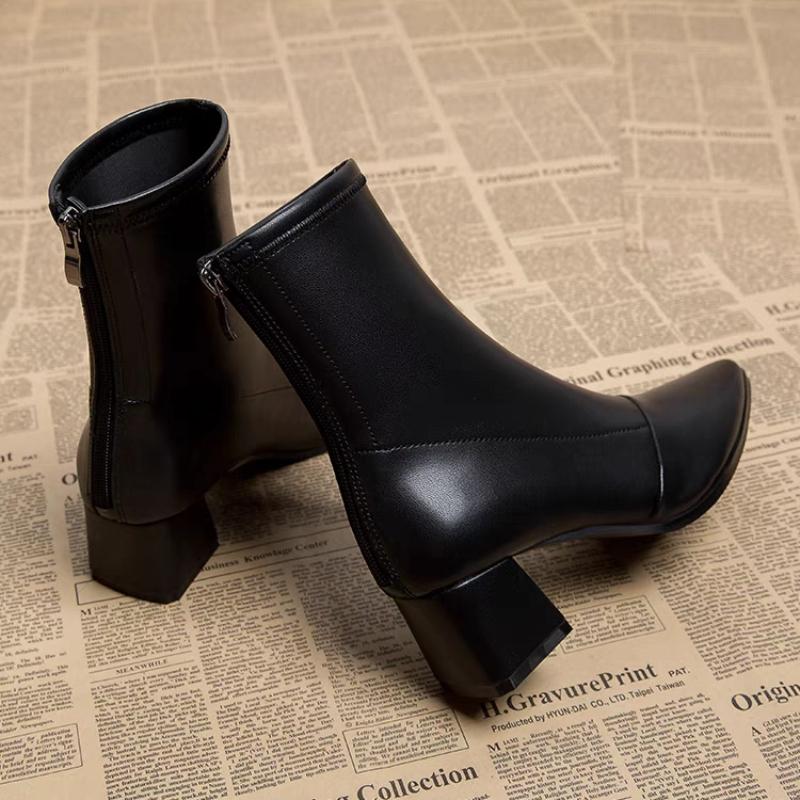 Fashion Winter Sexy Chelsea Boots Pointed Tip Thick Heel Back Zipper Middle Follow Women Shoes Microfiber Leisure Comfortable Smooth