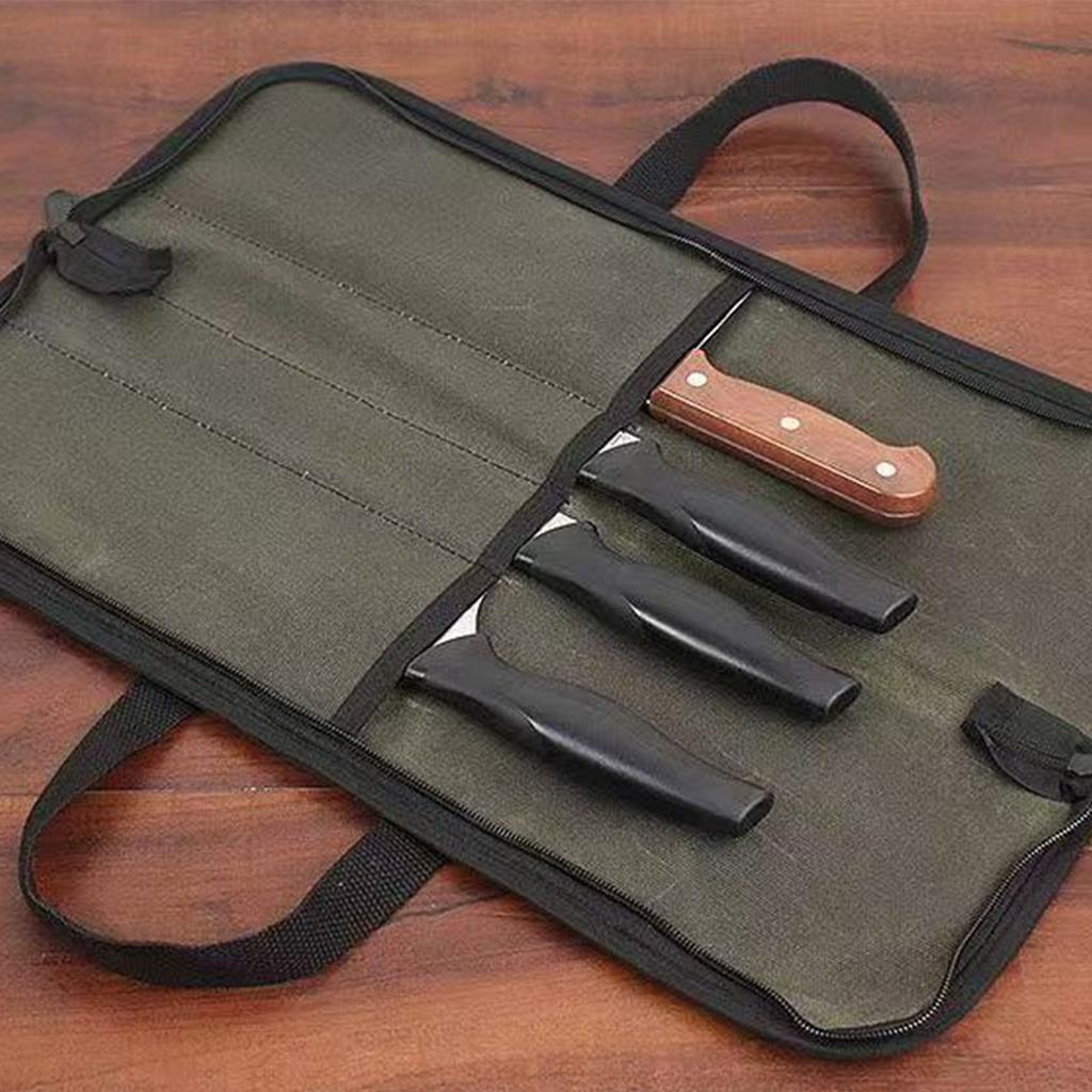 Camping Knife Roll Bag Waxed Canvas Outdoor Picnic Utensil Organizer Portable Knife Carrier