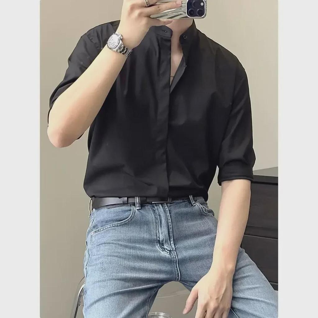 Мужская рубашка с коротким рукавом из шелка Ice Silk — летний воротник-стойка, модный китайский стиль, приталенный крой, бесплатная глажка.