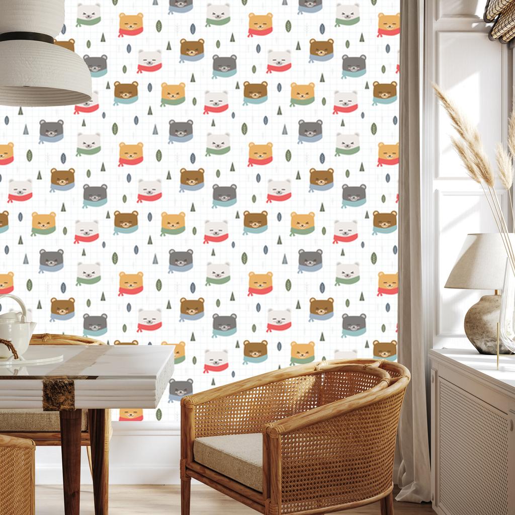 Teddy bear tree leaves checkered wallpaper for living room and bedroom 50x1000