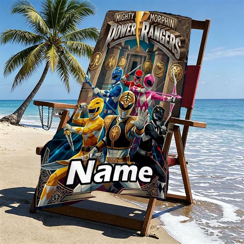 Custom Name Personalized Power Rangers Print Beach Towel, for Trip Camping Beach Party Home Decor, Birthday Gift for Family & Friends