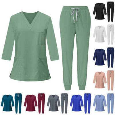 Женский комплект из быстросохнущей ткани однотонный с V-образным вырезом, карманом и рукавом три четверти, брюки, рабочая одежда