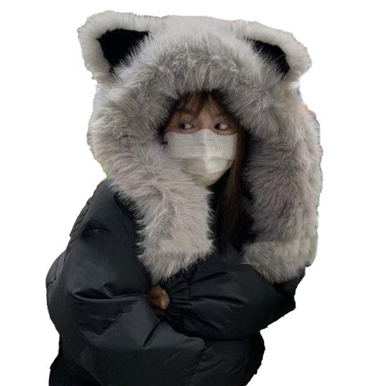 Женская шапка в форме лисьих ушек, утолщенная плюшевая теплая зимняя шапка с дизайном шарфа, для активного отдыха