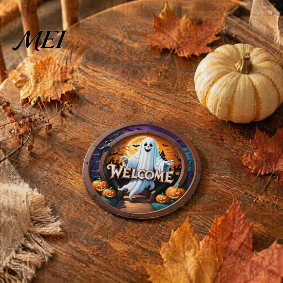 Artistic Wooden Coaster Set 6Pcs/Set Halloween Coasters, Retro Pumpkin Ghost Drink Decorative Coffee Bar Accessories Round Heat Insulation Pads