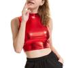 Women Crop Top Round Neck Sleeveless Glossy Solid Color Short Waist-exposed Slim Fit Pullover Club Party Performance Tank Top