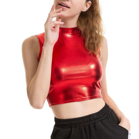 Women Crop Top Round Neck Sleeveless Glossy Solid Color Short Waist-exposed Slim Fit Pullover Club Party Performance Tank Top
