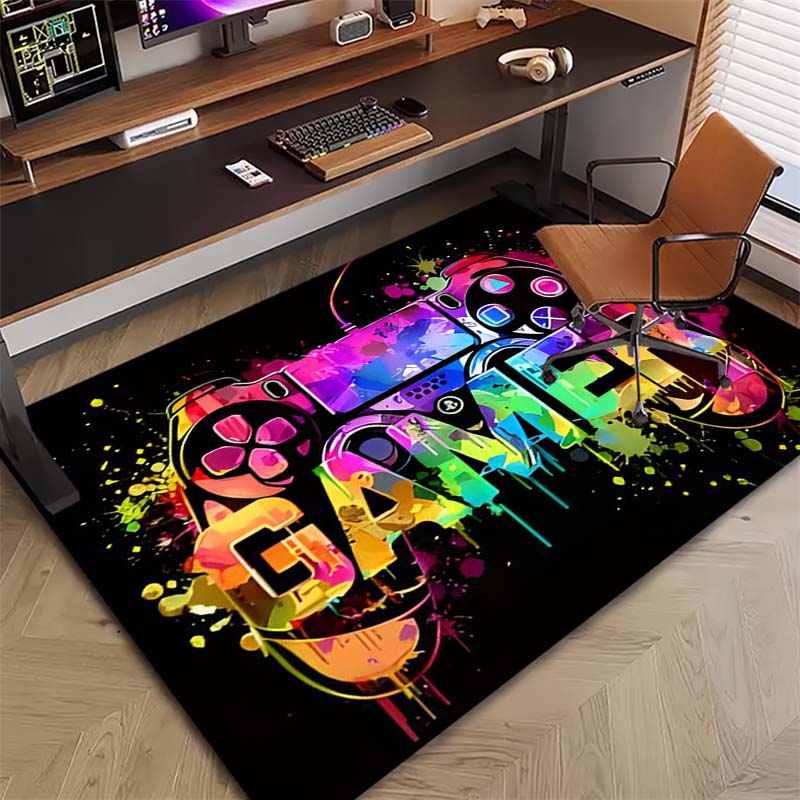 Colorful Graffiti Game Controller Gamer Print Doormat Black Non Slip Rectangular Floor Mat Gaming Room Entryway Bedroom Home Decor Rug