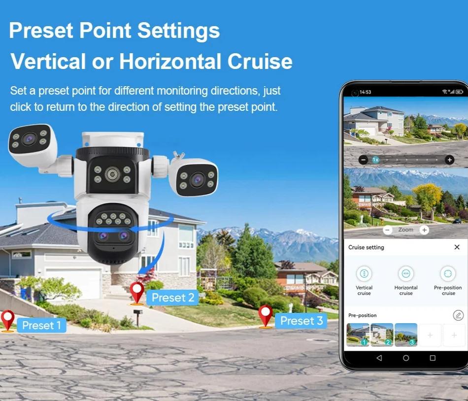 Уличная камера 20 Мп WiFi с оптическим 10-кратным зумом 10K, четырьмя объективами, четырьмя экранами, PTZ, двусторонним аудио, автоматическим отслеживанием, камерой видеонаблюдения