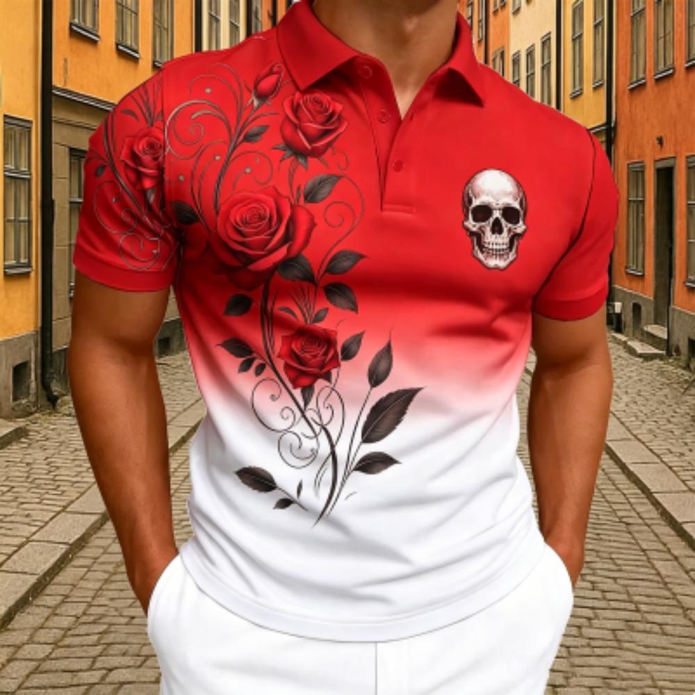 Men's Rose Floral Skull Print Polo Shirt Men's Outdoor Street Short Sleeve Tees Top Summer Home Casual T-shirt Men's and Women's Polo Shirt