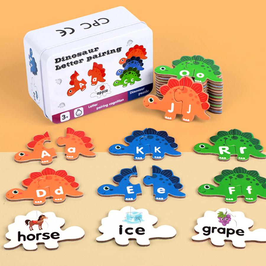 Wooden Dinosaur Alphabet Matching Puzzle , Double Sided Cards Words And Letters Learning Toy for Kids Interactive Tabletop Game