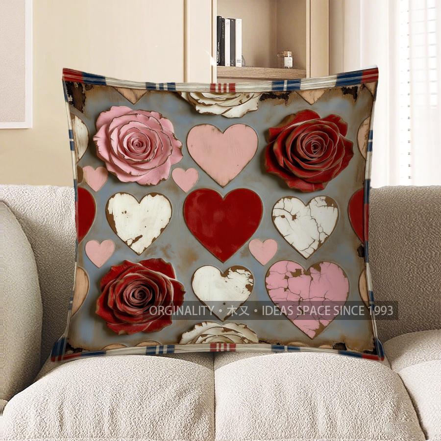 2D Heart & Rose Patterned Digital Print Pillow Covers Pattern Cushion Cover Suitable For Sofa Bedroom Car Pillow Cover