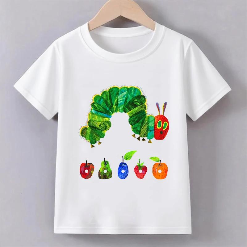 Green Cute Funny Caterpillar Print Tshirts Summer Girls Boys Casual Fashion Tops Kids Crew Neck Short Sleeve Tees