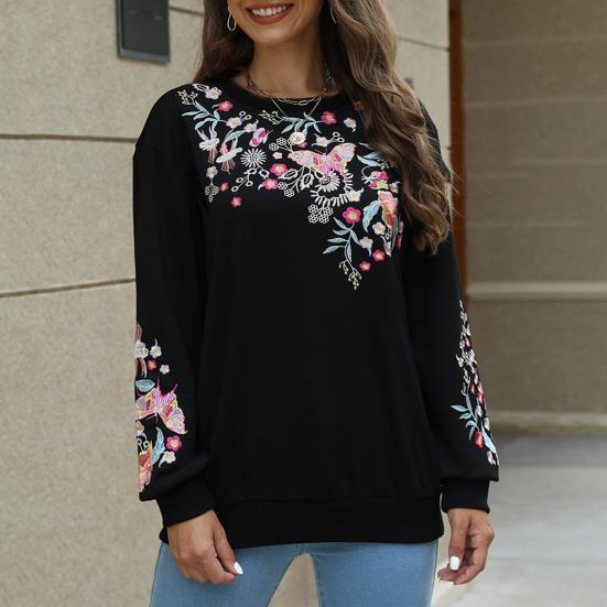 Женская толстовка в этническом стиле с цветочной вышивкой, круглым вырезом и длинными рукавами, контрастного цвета, весна-осень, с эластичными манжетами и подолом