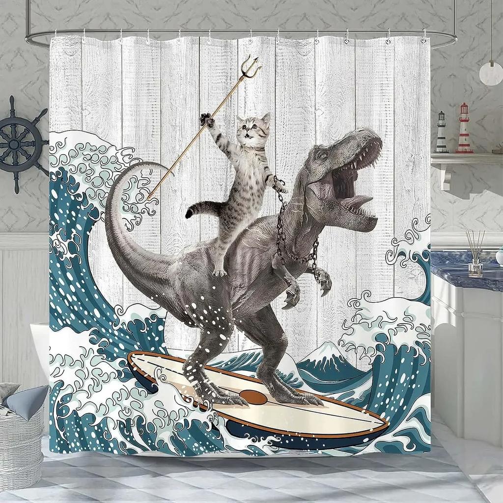 Смешная занавеска для душа Brave Cat Cartoon Душевая занавеска Waves Ocean Decor Ткань Душевая занавеска Set with Hooks Bathroom Decoration