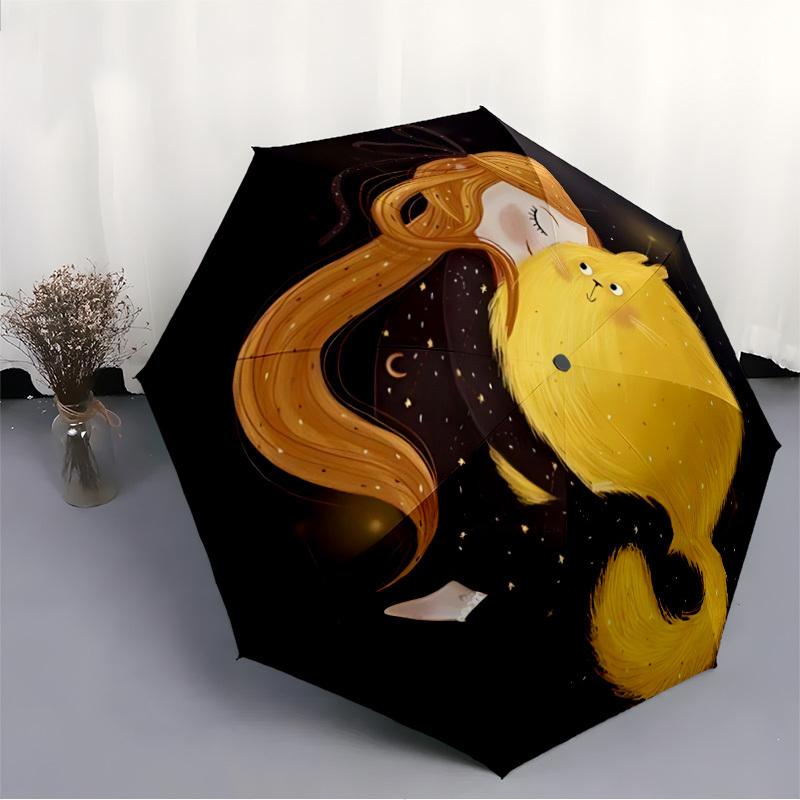 1pc Cosmic Companion Starry Night Hug Automatic Folding Umbrella - Compact 8-Rib Design, Durable Plastic & Iron, Lightweight for Outdoor Daily Use073