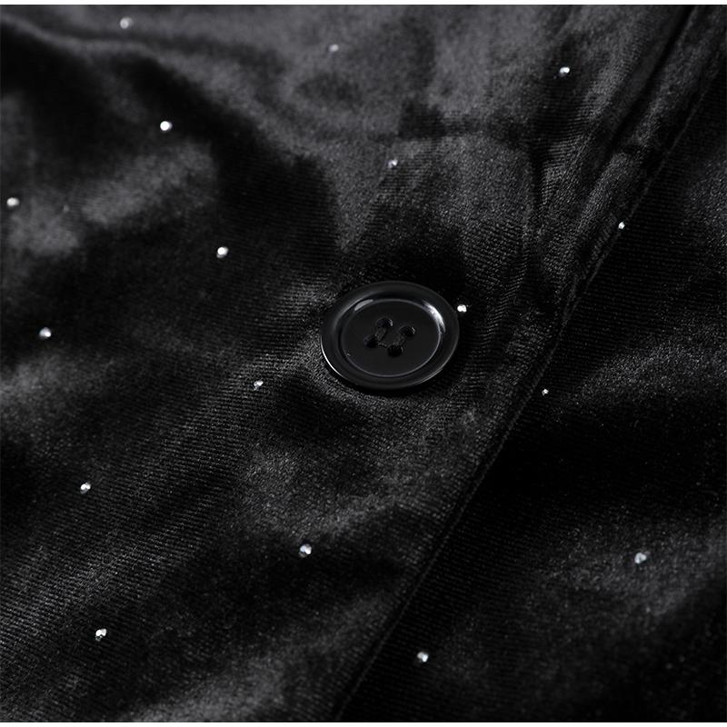 Velvet Diamond Decorated Black Blazer Woman Loose V-neck Suit Coat Fashion Casual Full Sleeve Solid Jacket Commute Spring Autumn