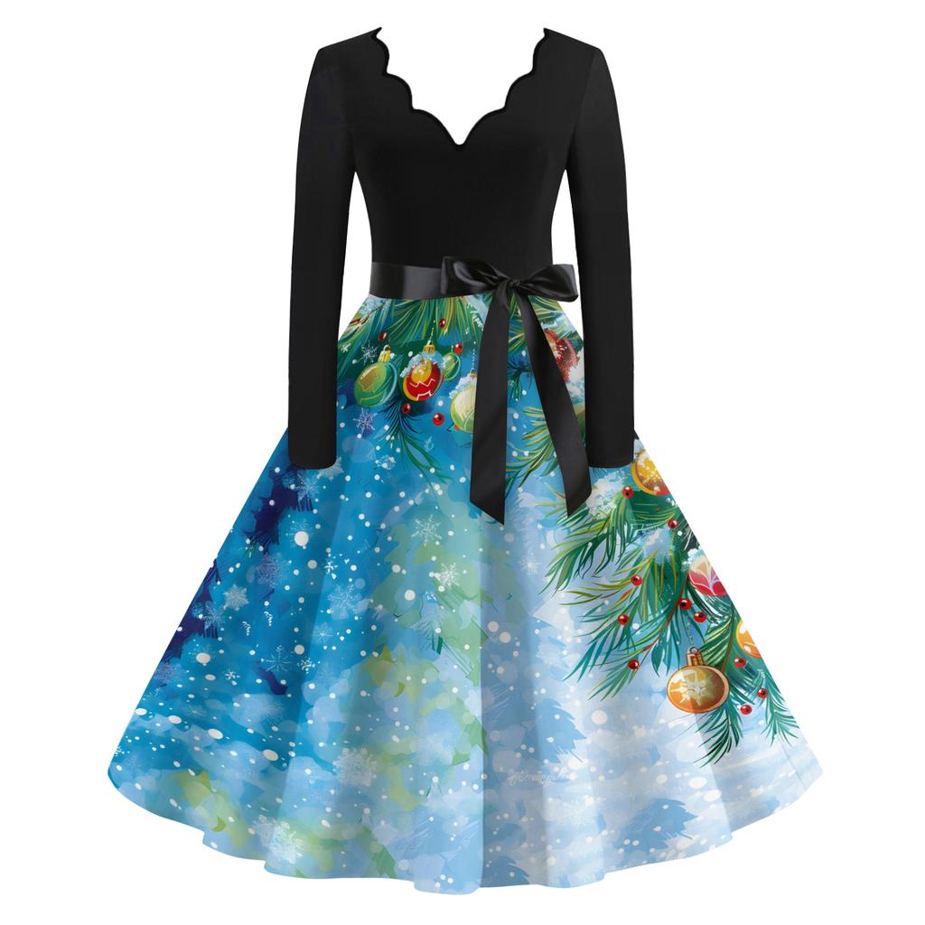 Женские повседневные модные длинные платья с рождественским графическим принтом и длинными рукавами в винтажном стиле