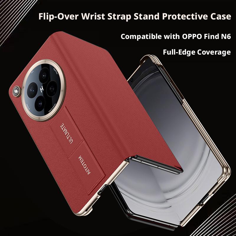 Чехол-книжка из кожи PU Наппа для Oppo Find N6, двойной шарнир, защита камеры, ремешок для руки, держатель для пальца, флип-чехол