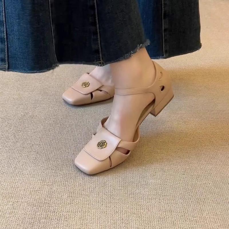 Босоножки с французским носком Женские летние на толстом каблуке Туфли-лодочки с вырезами Мэри Джейн