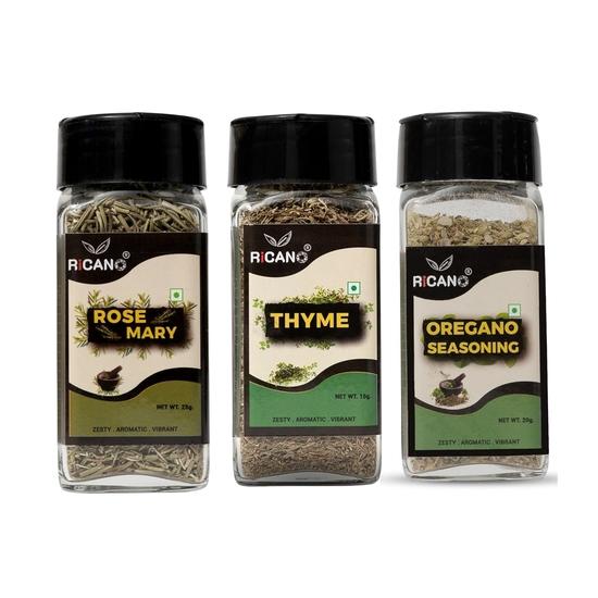 Ricano Rosemary 25g, Thyme 15g, Oregano 20g (Combo, Pack of 3) | Dried Herbs Pack | Natural Seasoning | Aromatic Flavor Enhancer | Fresh & Pure