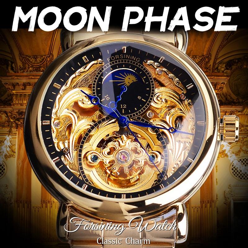Forsining Мужская мода, отдых, полая луна и механические часы с полой поверхностью
